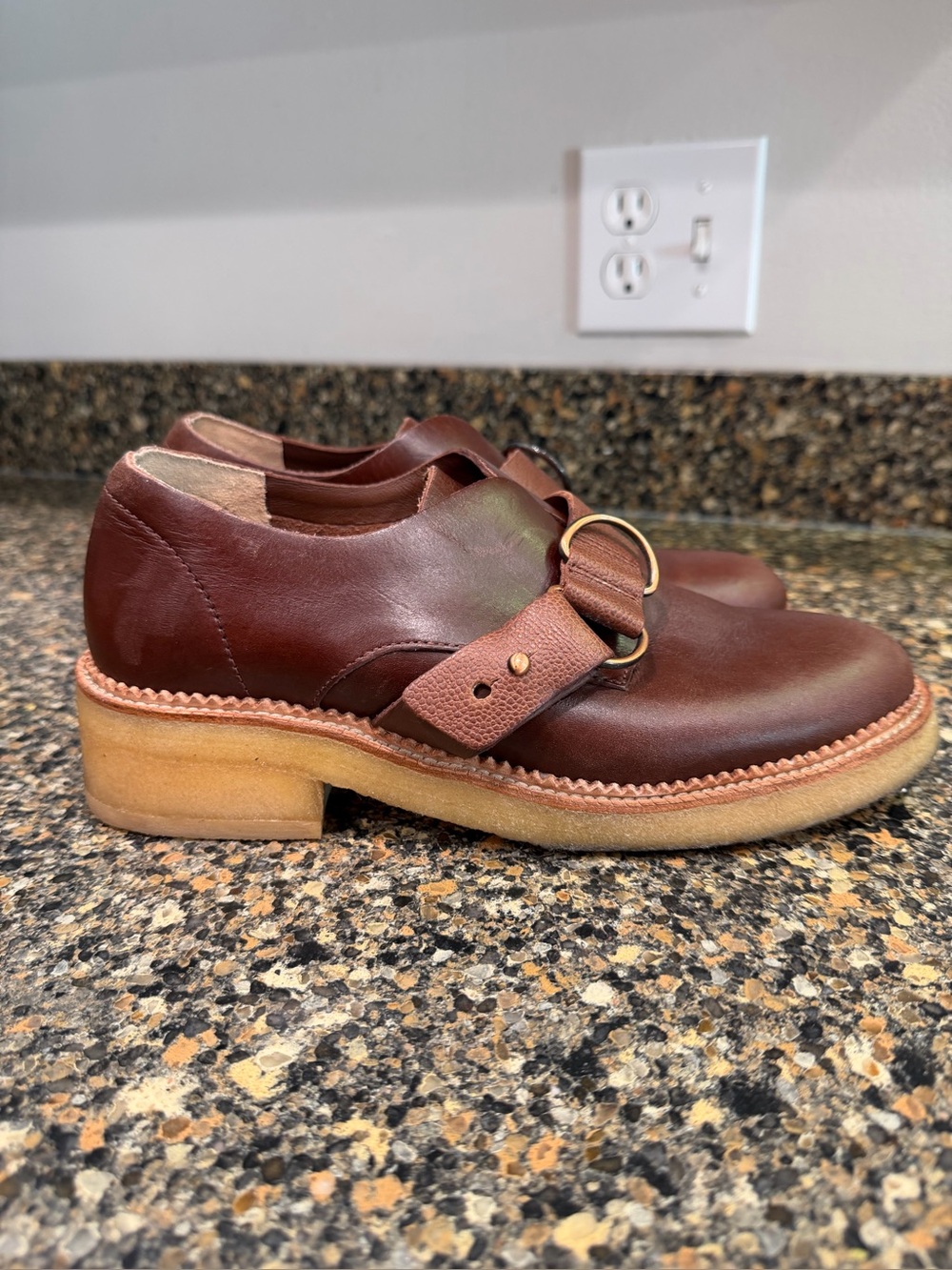 Ladies Clarks 7.5 Brown Leather Monk Strap Shoes